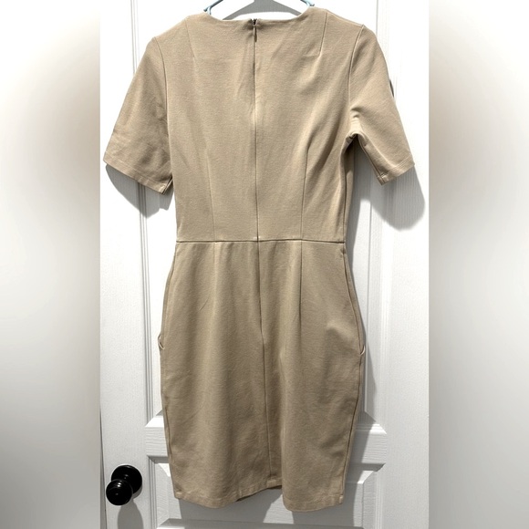 Obakki Short Sleeve Structured Sheath Dress w Front Slash Pockets in Camel - Picture 3 of 9